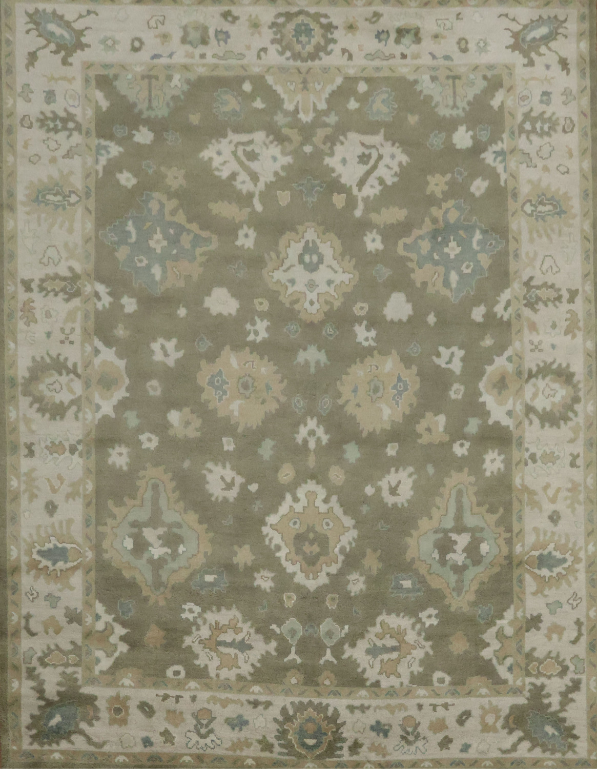 Traditional Sage Green & Ivory Hand-Knotted Oushak Wool Rug 9'x12'