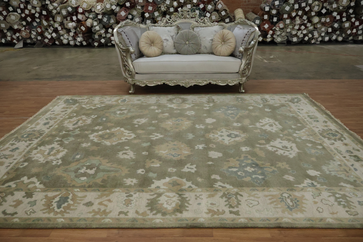Traditional Sage Green & Ivory Hand-Knotted Oushak Wool Rug 9'x12'