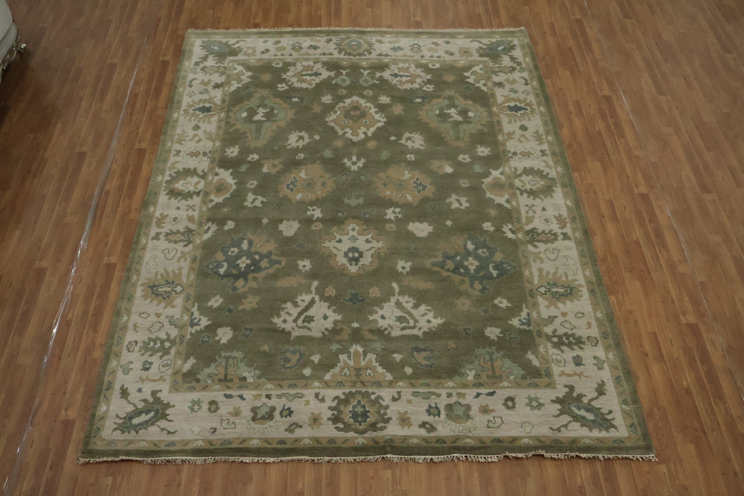 Traditional Sage Green & Ivory Hand-Knotted Oushak Wool Rug 9'x12'