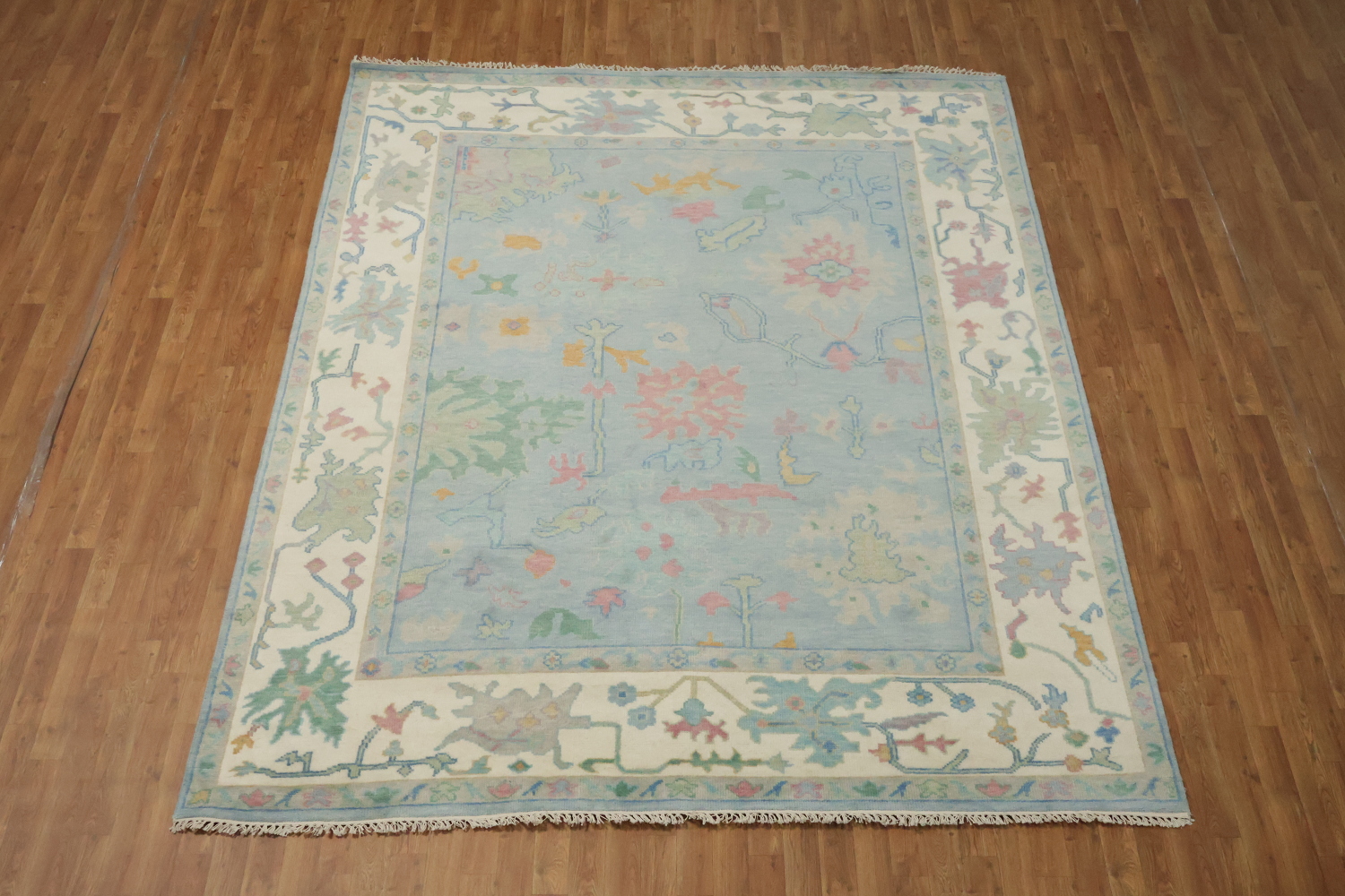 Luxury Blue Hand-Knotted Wool Area Rug with Intricate Floral Designs 8x10 ft