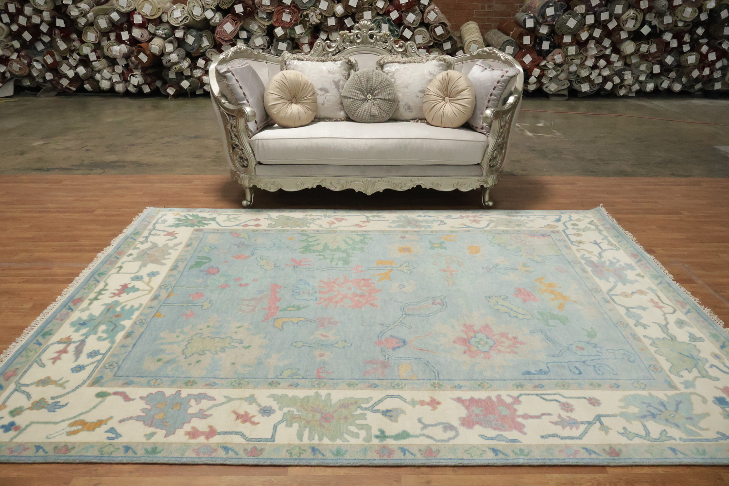Luxury Blue Hand-Knotted Wool Area Rug with Intricate Floral Designs 8x10 ft