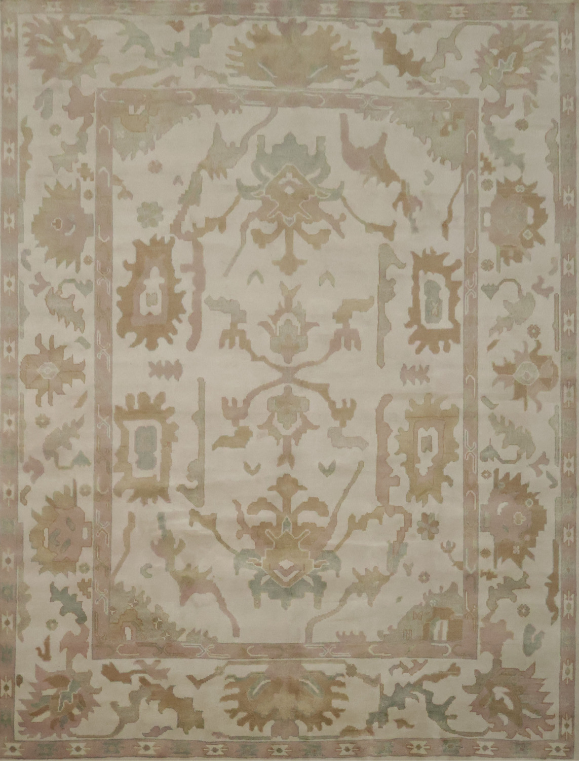 Beige Neutral Toned Oushak Indian Rug with Traditional Designs 9' x 12'
