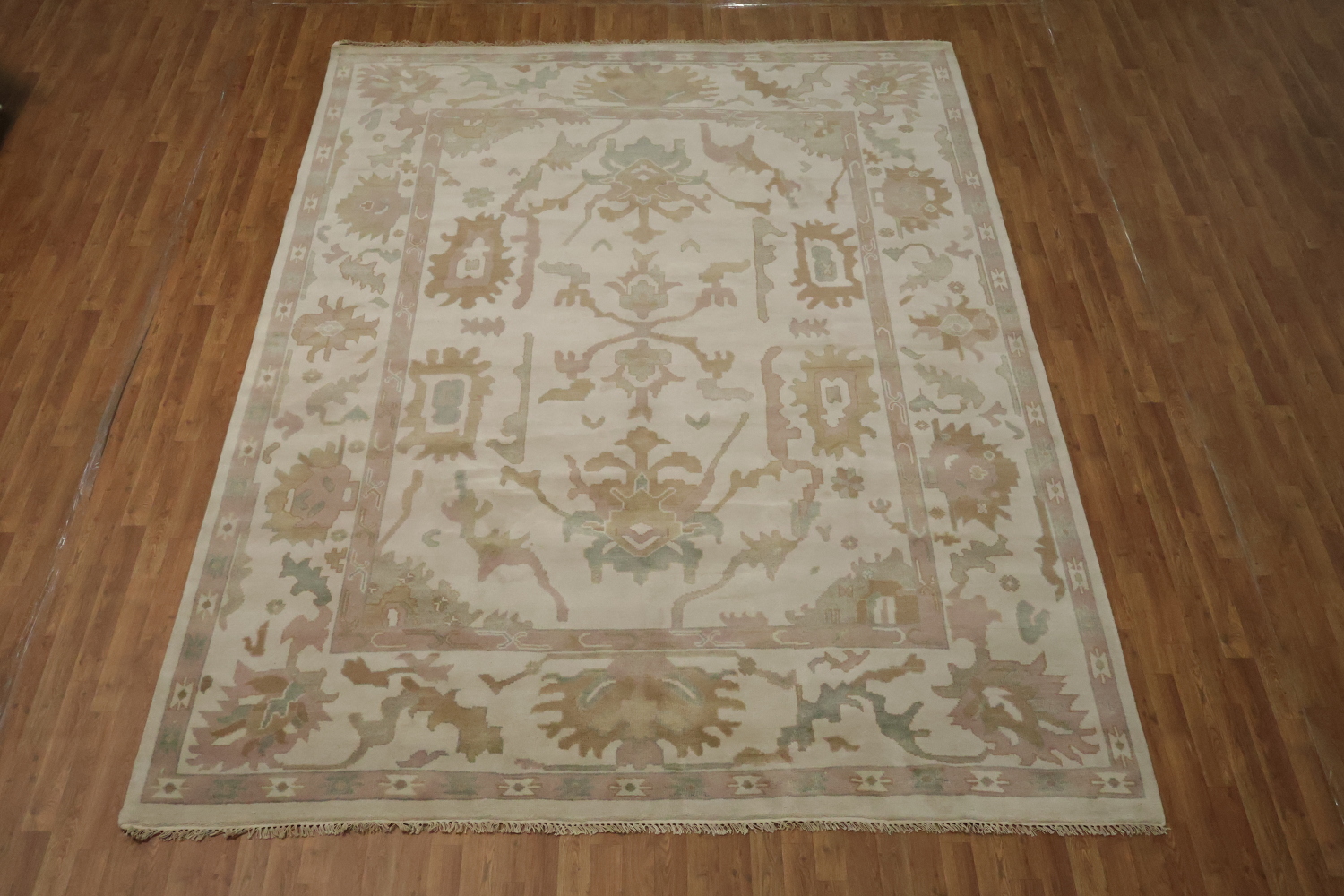 Beige Neutral Toned Oushak Indian Rug with Traditional Designs 9' x 12'