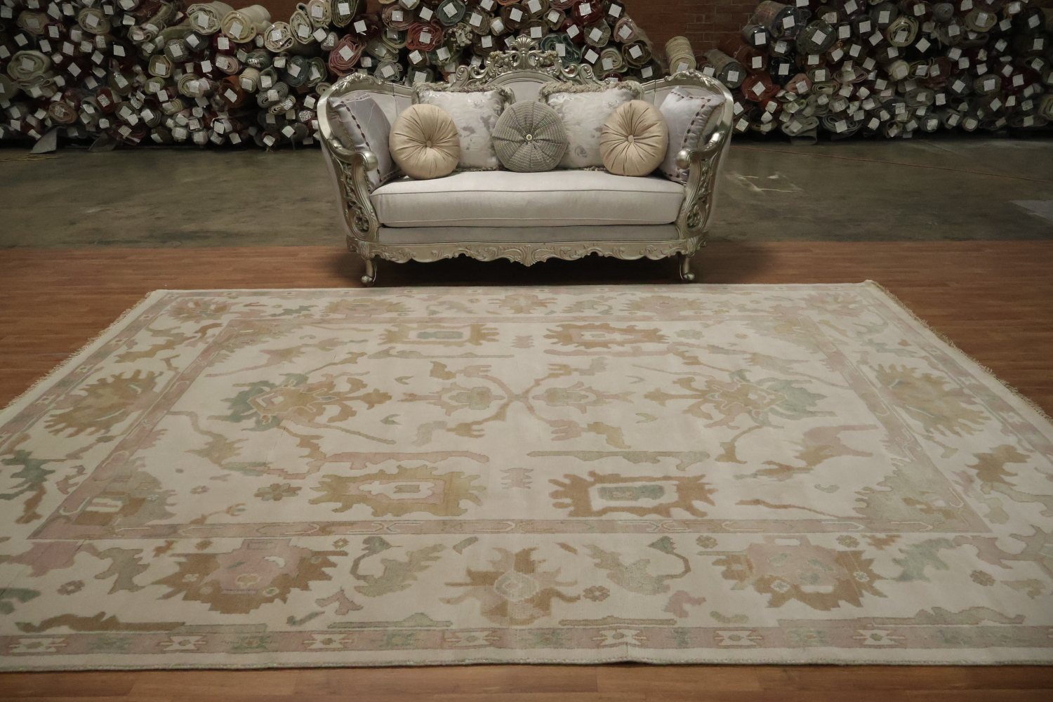Beige Neutral Toned Oushak Indian Rug with Traditional Designs 9' x 12'