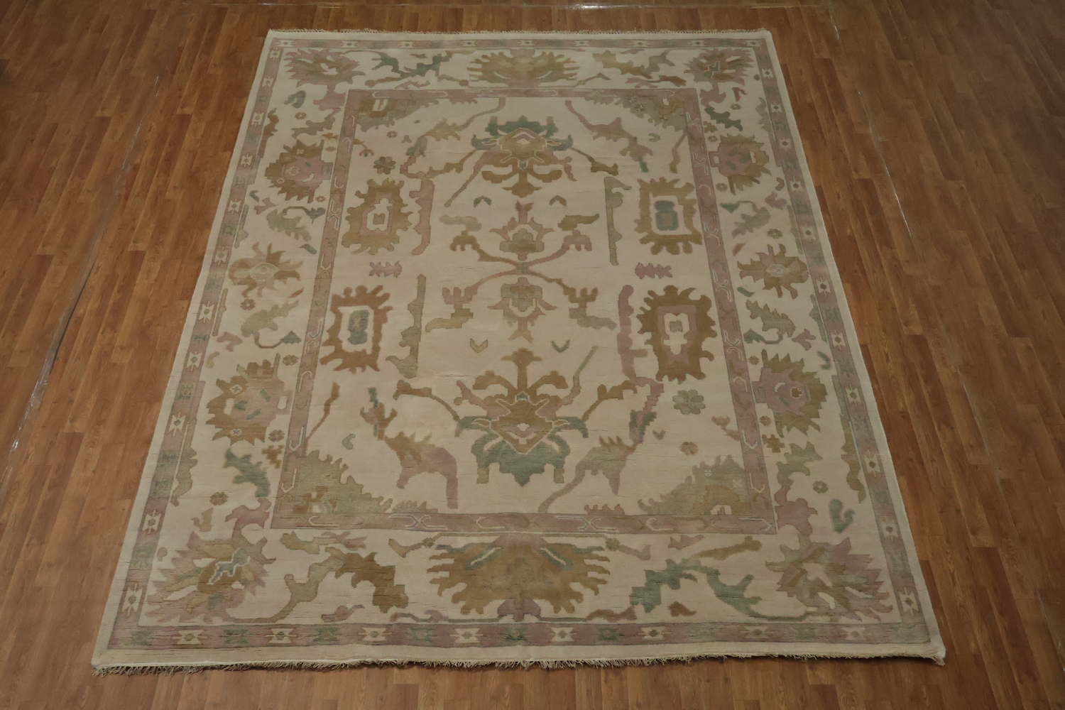 Beige Neutral Toned Oushak Indian Rug with Traditional Designs 9' x 12'