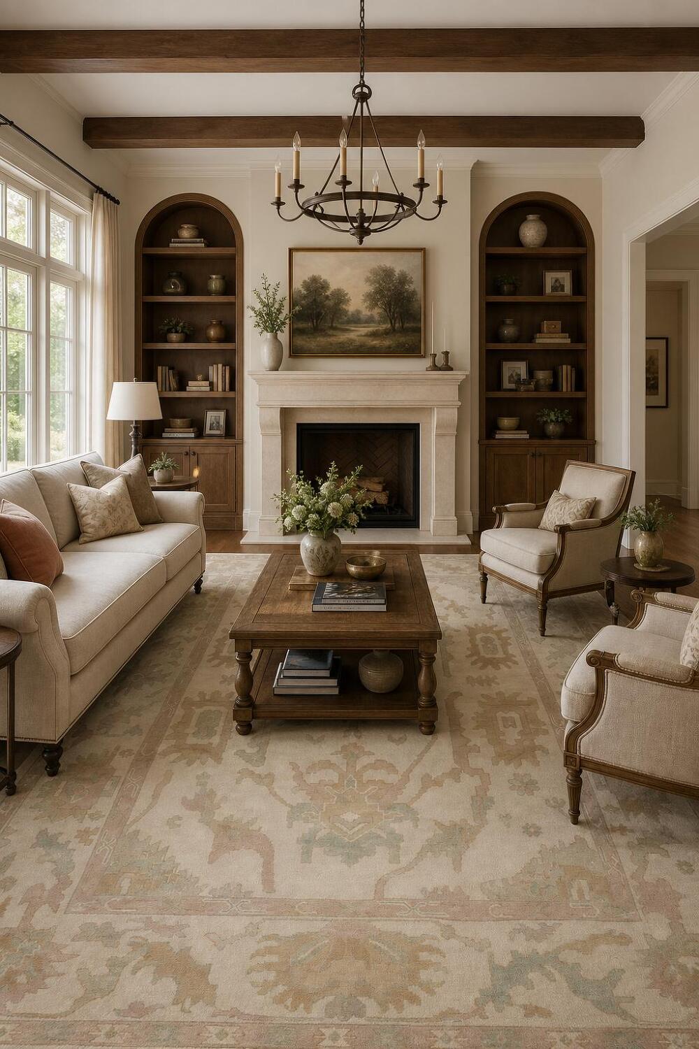 Beige Neutral Toned Oushak Indian Rug with Traditional Designs 9' x 12'