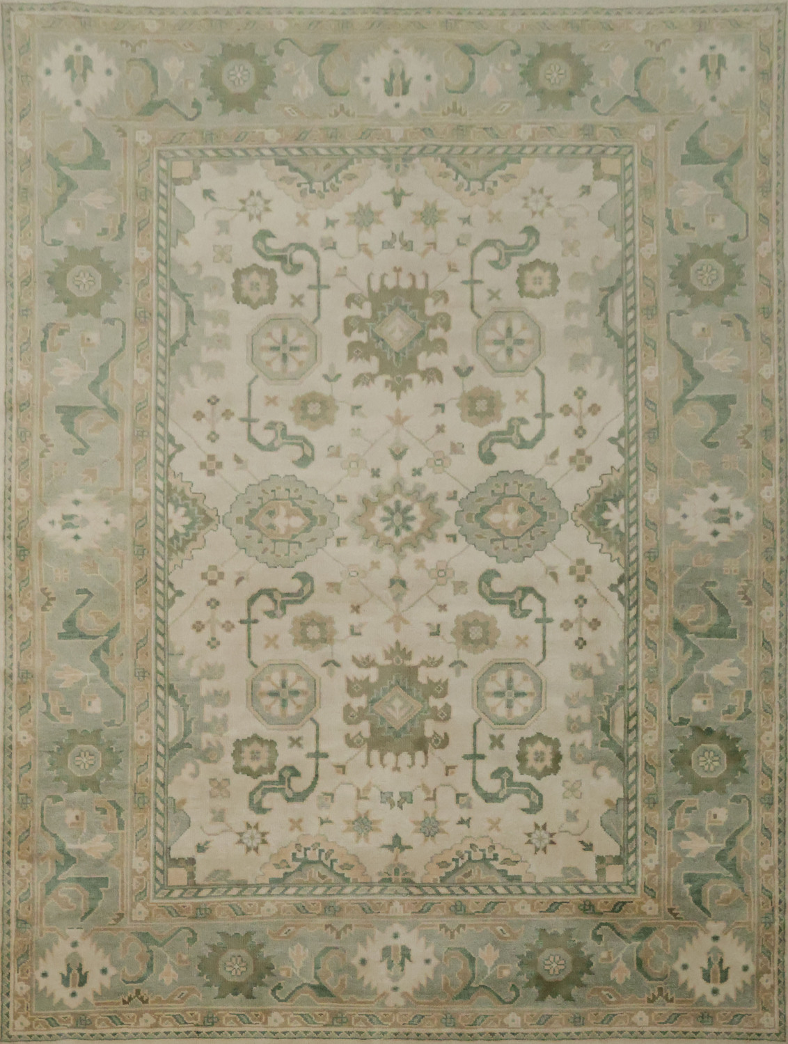 Traditional Beige and Green Rug with Artistic Patterns 9' x 12'