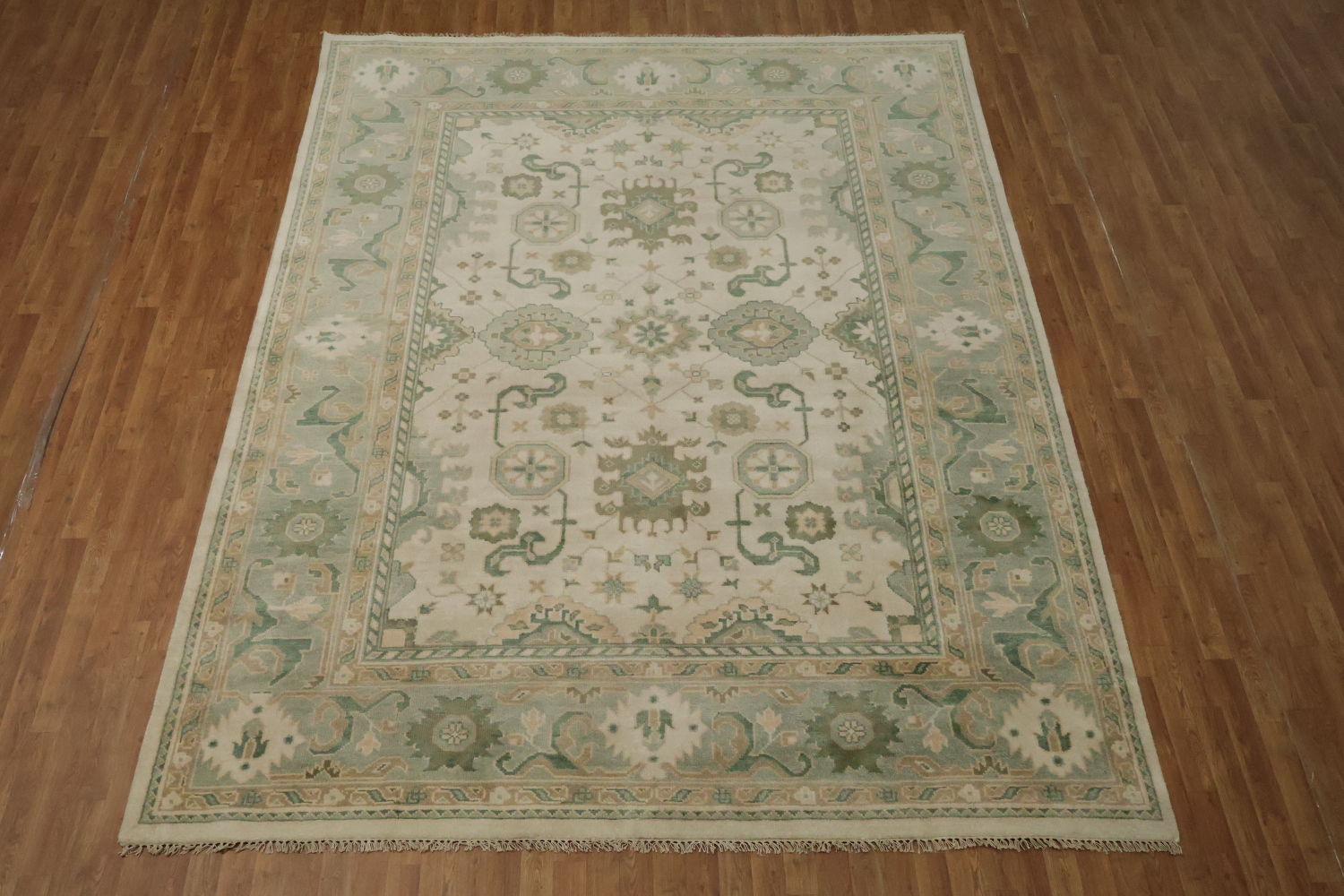 Traditional Beige and Green Rug with Artistic Patterns 9' x 12'