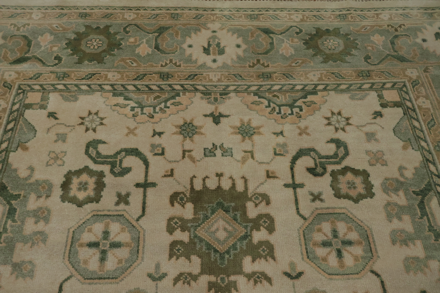 Traditional Beige and Green Rug with Artistic Patterns 9' x 12'