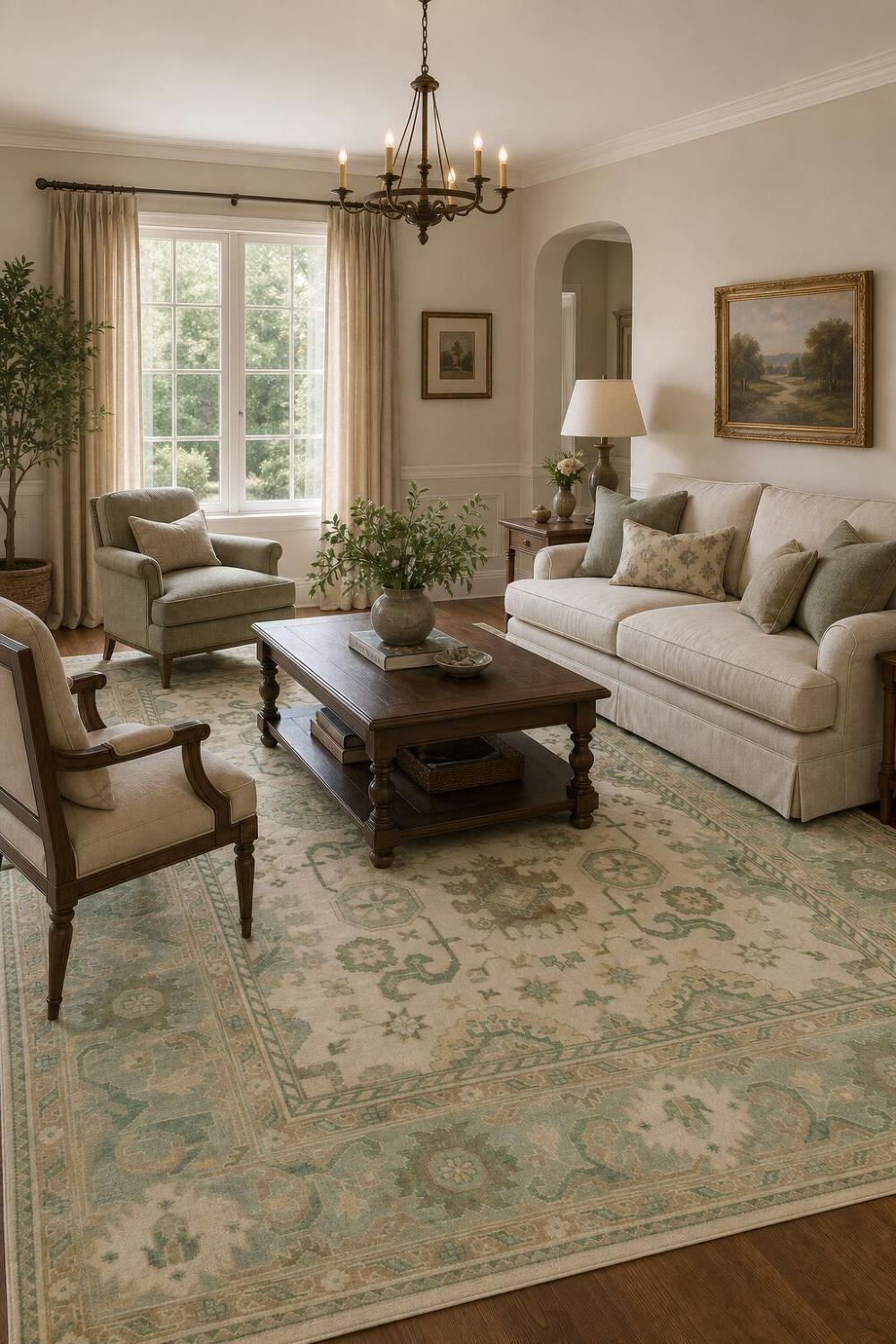 Traditional Beige and Green Rug with Artistic Patterns 9' x 12'