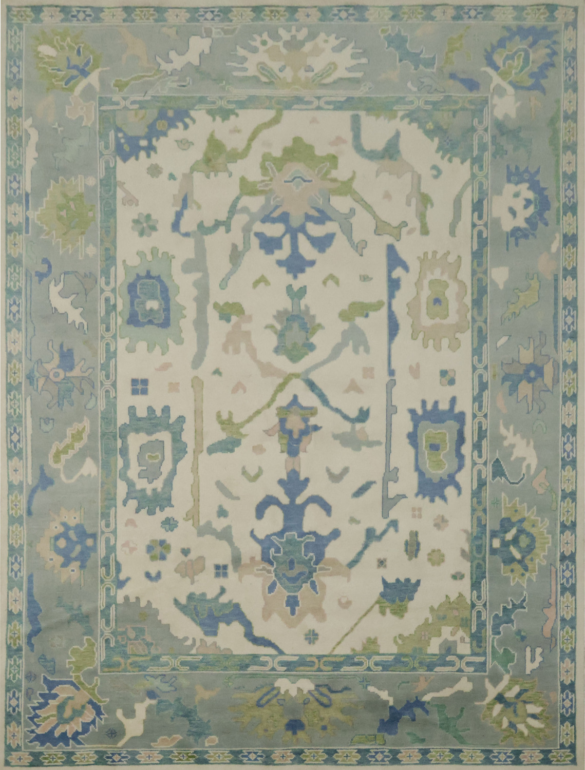 Artistic Blue and Green Oushak Indian Rug with Intricate Floral Designs 9' x 12'
