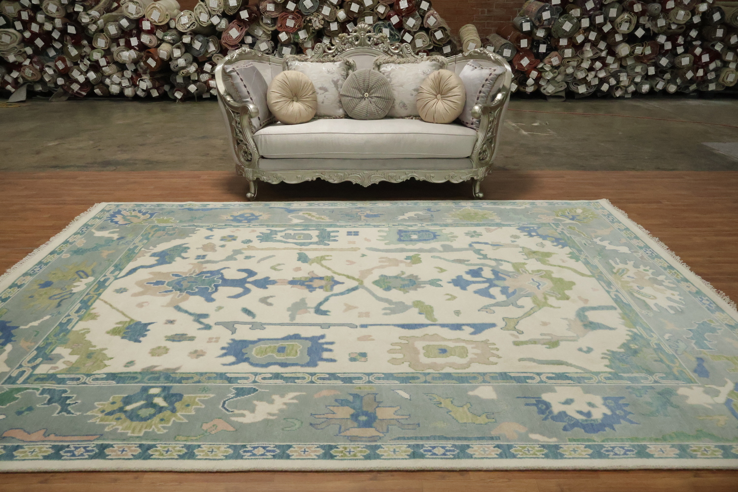 Artistic Blue and Green Oushak Indian Rug with Intricate Floral Designs 9' x 12'