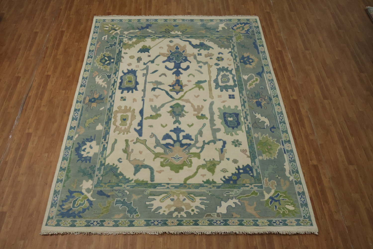 Artistic Blue and Green Oushak Indian Rug with Intricate Floral Designs 9' x 12'