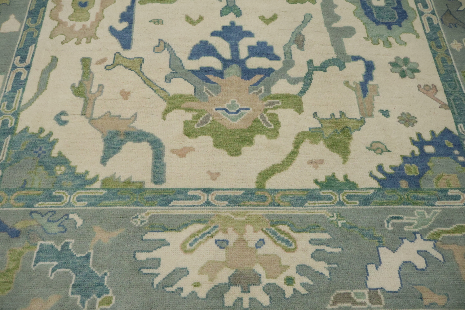 Artistic Blue and Green Oushak Indian Rug with Intricate Floral Designs 9' x 12'