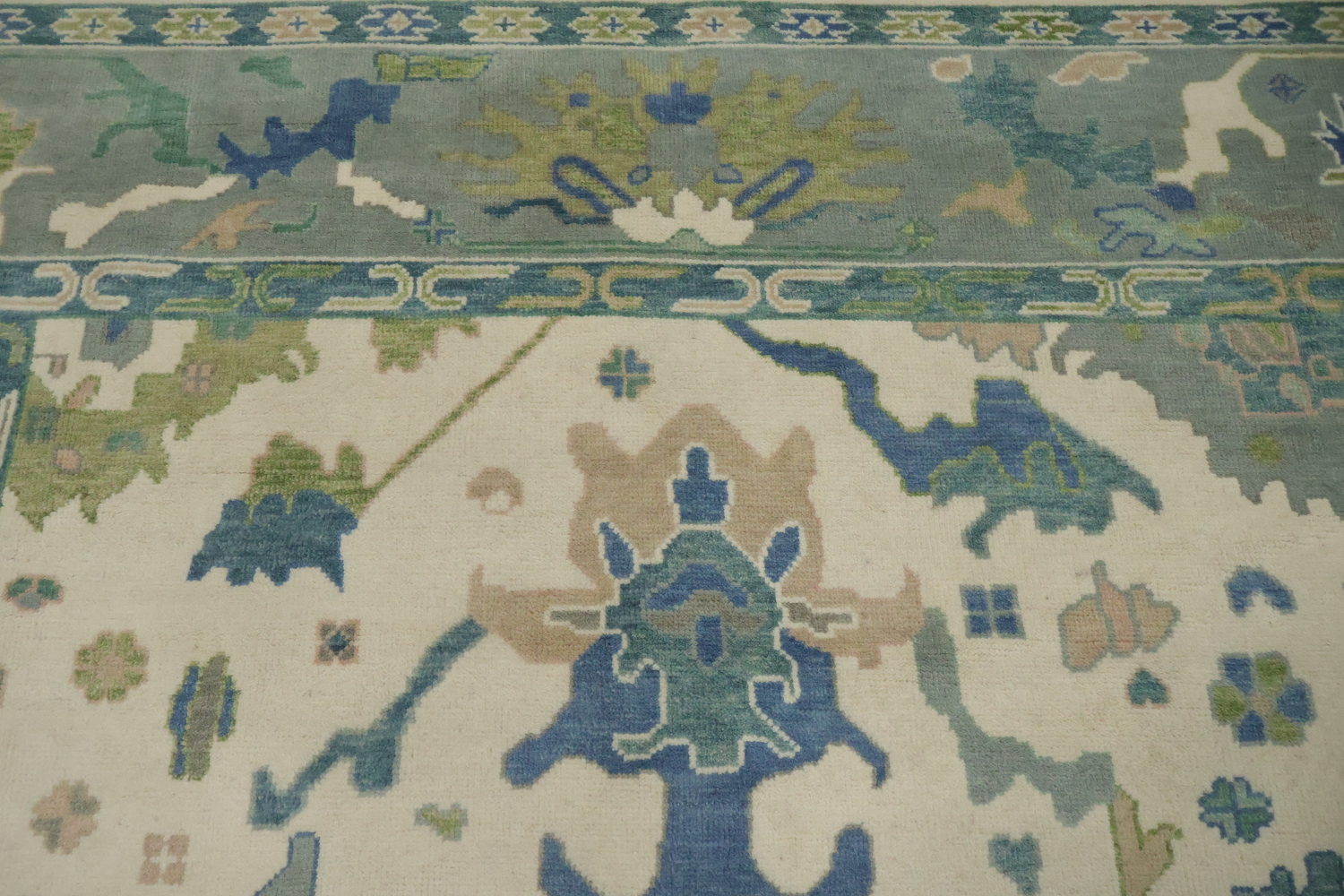 Artistic Blue and Green Oushak Indian Rug with Intricate Floral Designs 9' x 12'