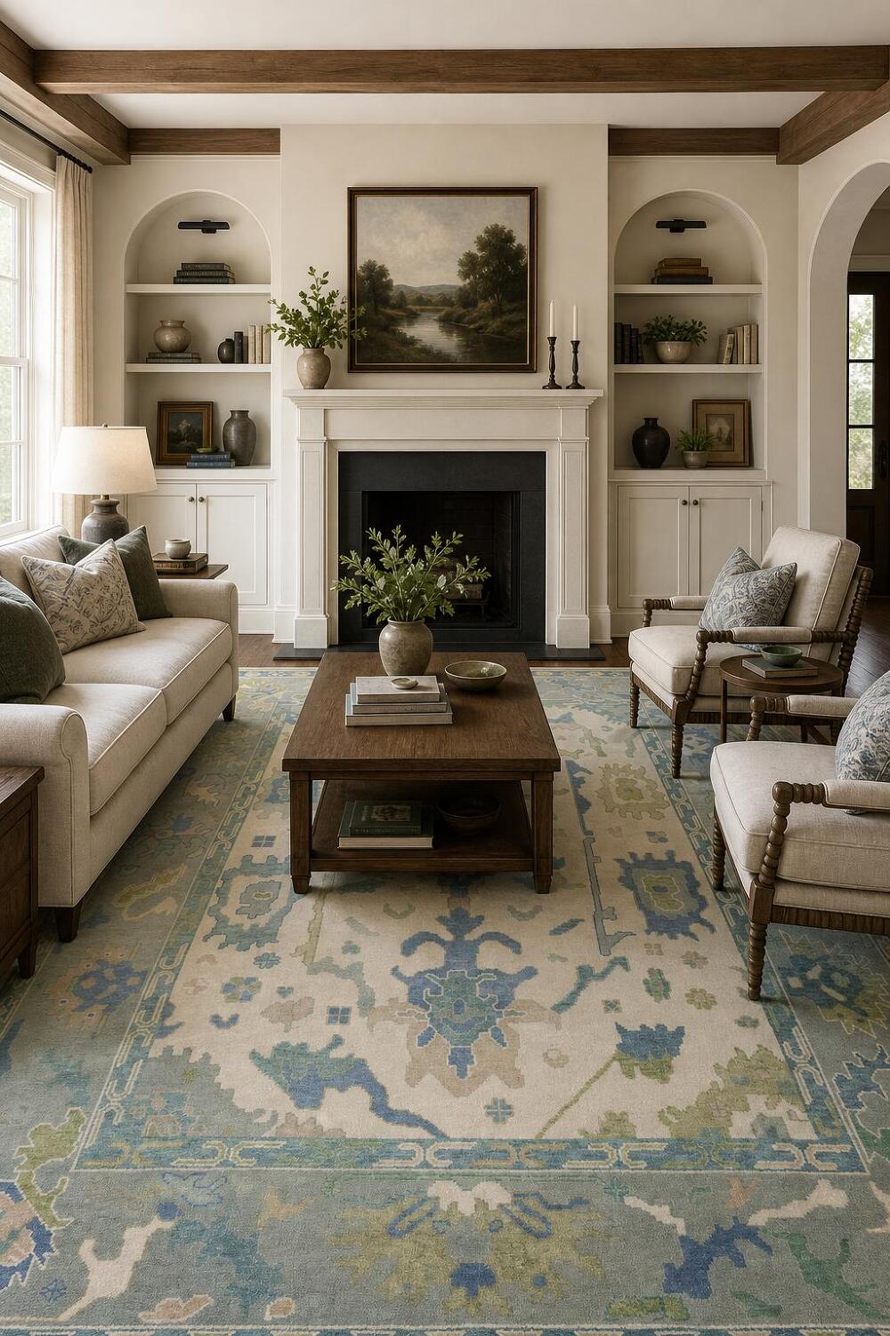 Artistic Blue and Green Oushak Indian Rug with Intricate Floral Designs 9' x 12'