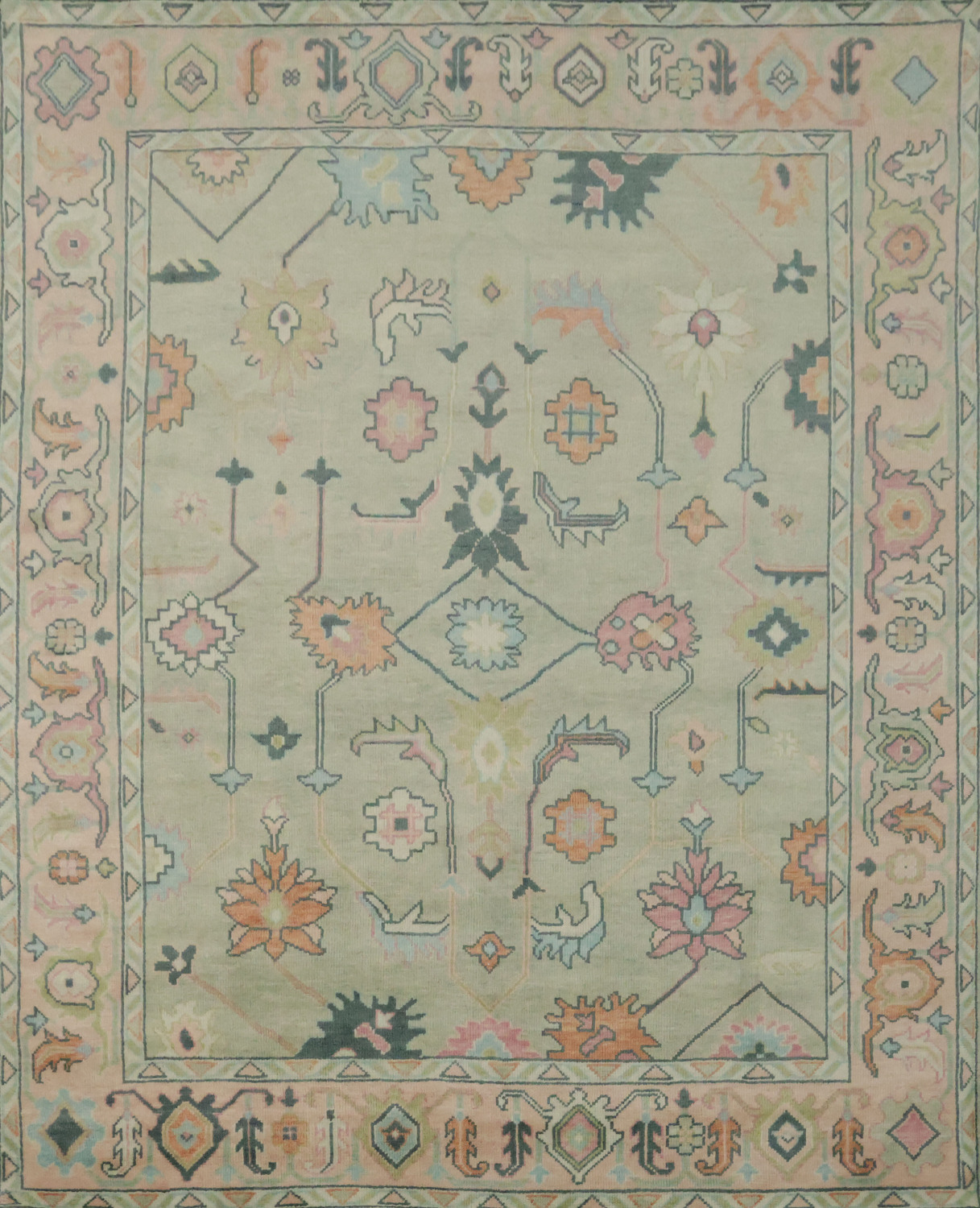 8x10 Light Green & Ivory Oushak Rug - Hand-Knotted Indian Wool Rug