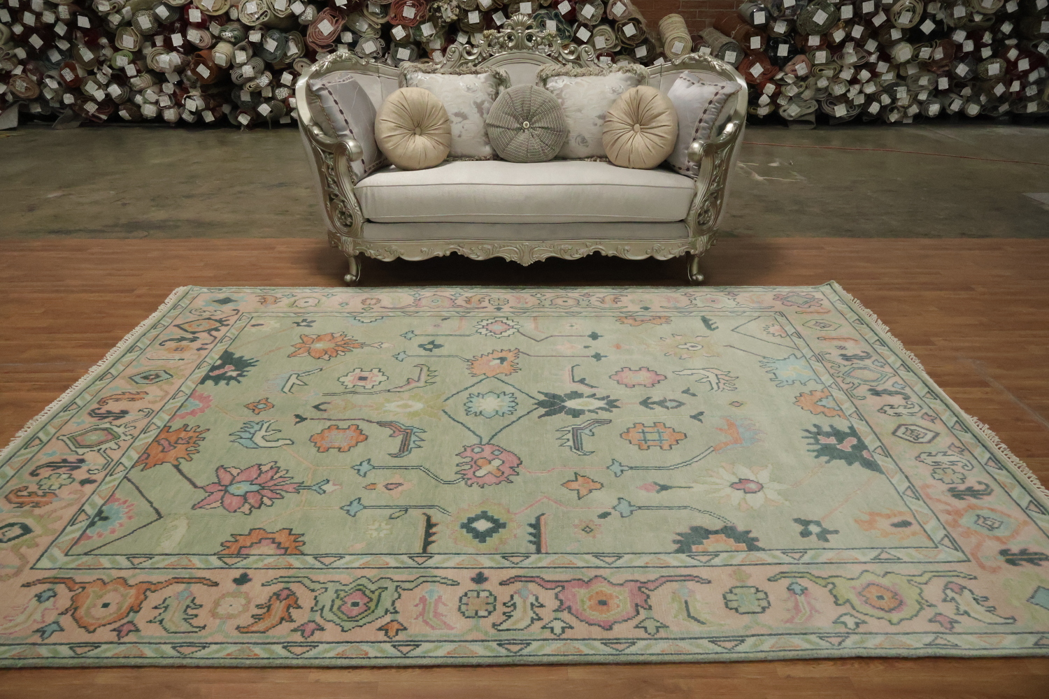 8x10 Light Green & Ivory Oushak Rug - Hand-Knotted Indian Wool Rug