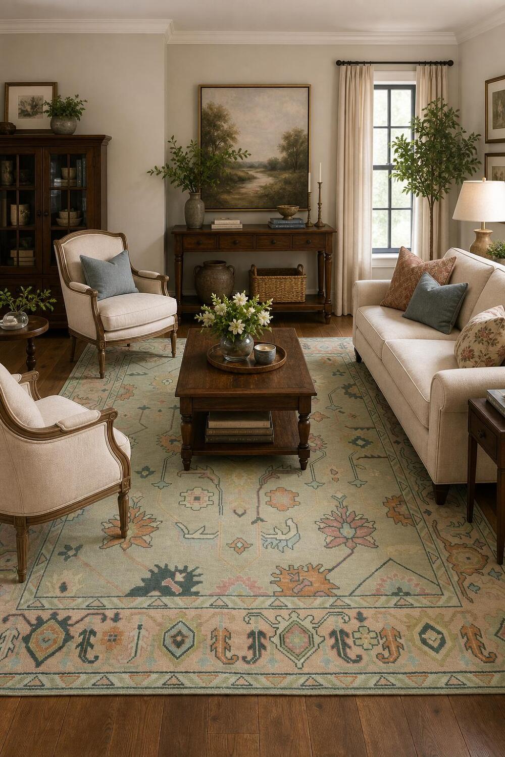 8x10 Light Green & Ivory Oushak Rug - Hand-Knotted Indian Wool Rug