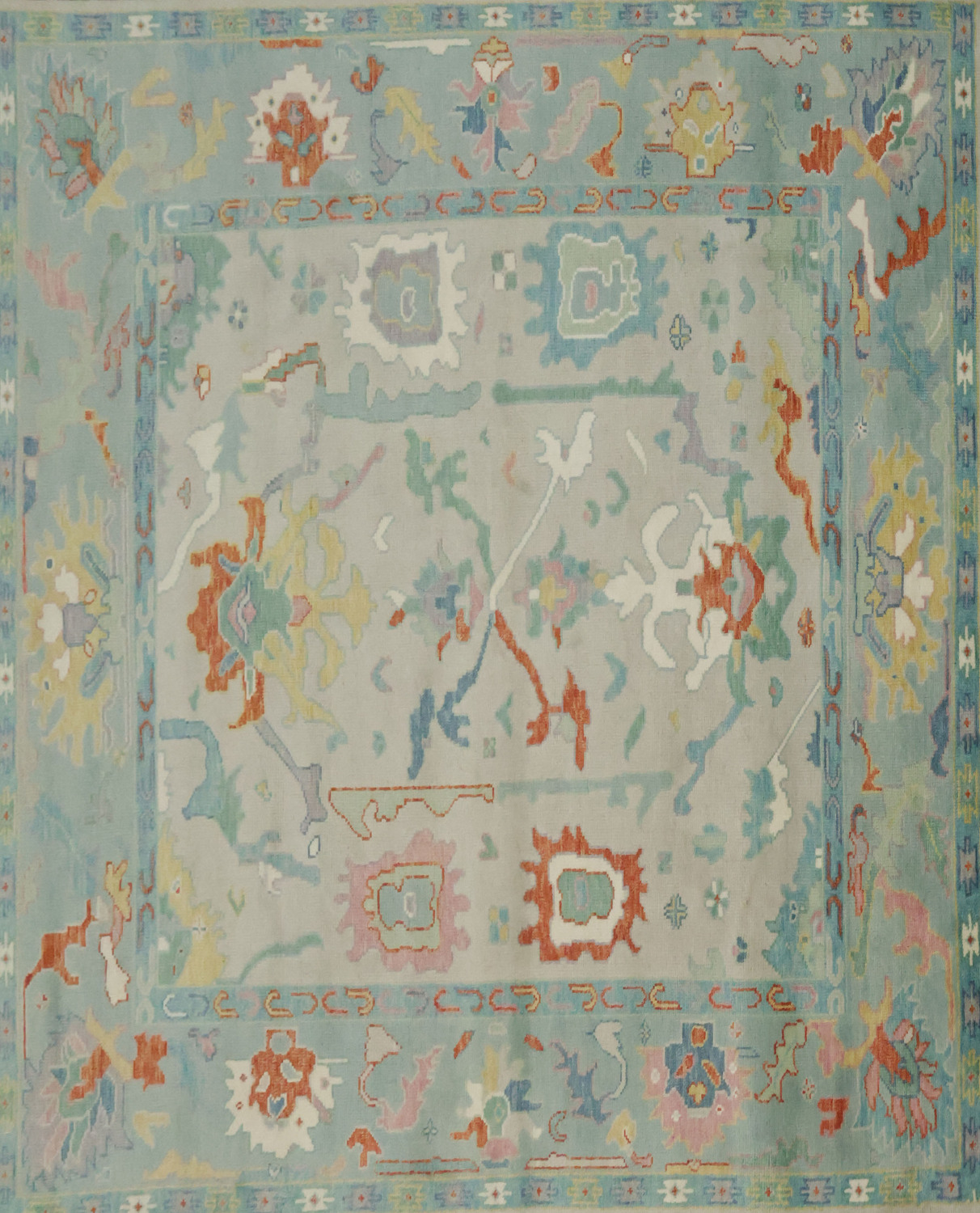 Grey and Blue 8x10 Oushak Traditional Rug, Hand-Knotted Wool Pile