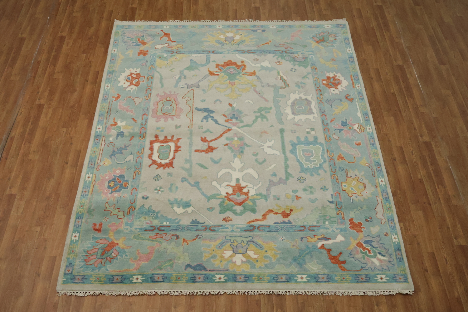 Grey and Blue 8x10 Oushak Traditional Rug, Hand-Knotted Wool Pile