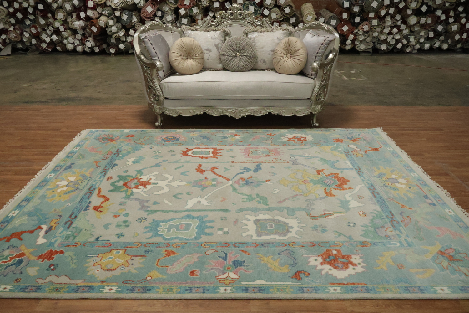 Grey and Blue 8x10 Oushak Traditional Rug, Hand-Knotted Wool Pile