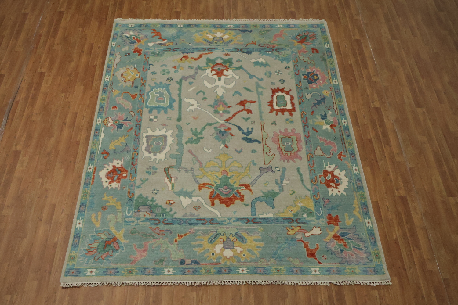 Grey and Blue 8x10 Oushak Traditional Rug, Hand-Knotted Wool Pile
