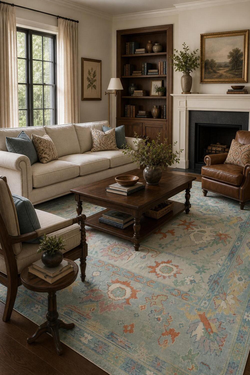 Grey and Blue 8x10 Oushak Traditional Rug, Hand-Knotted Wool Pile
