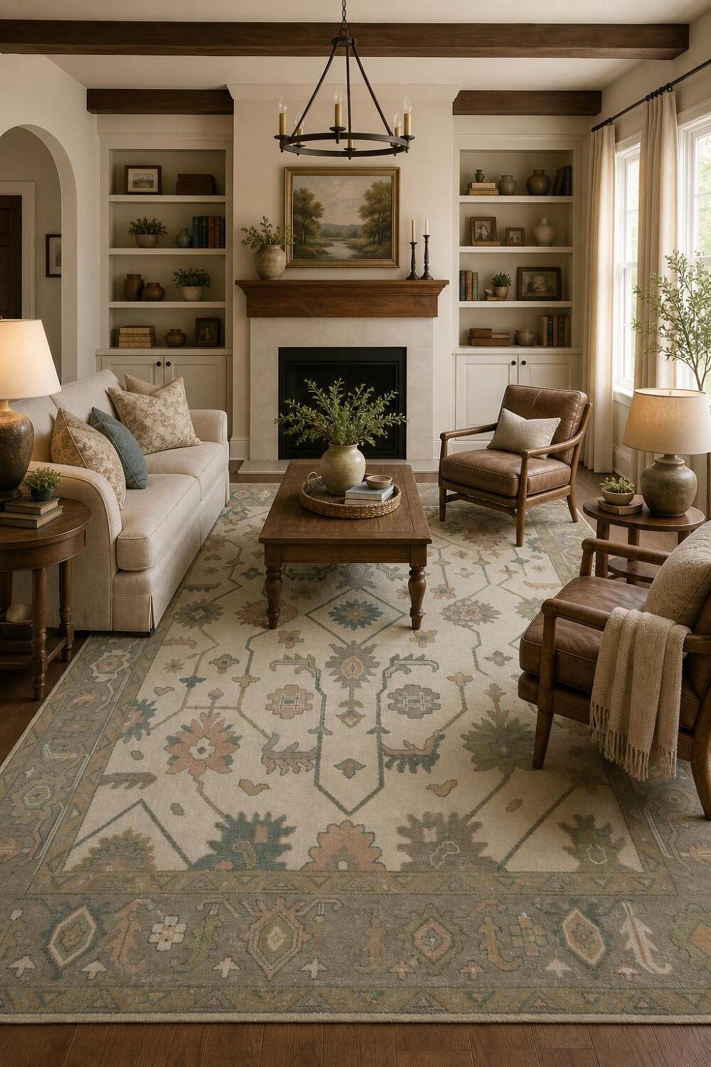 9' x 12' Oushak Living Room Area Rug in Soft Earthy Tones for Living Room
