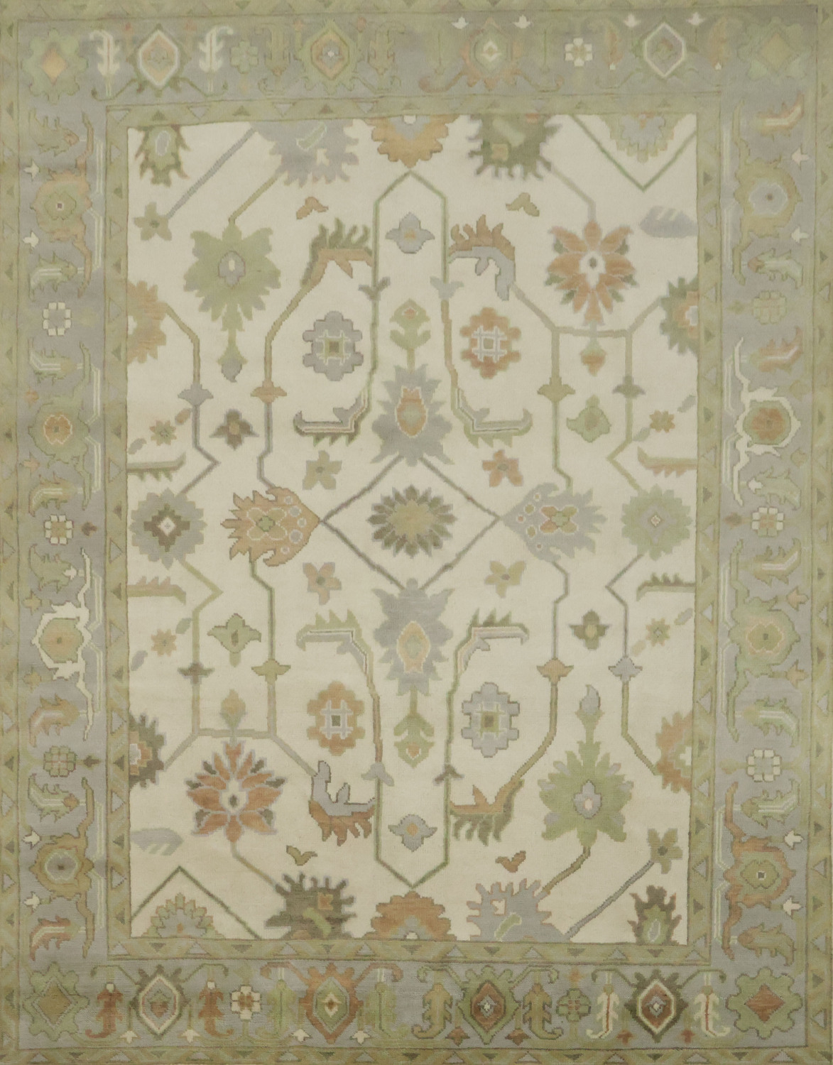 Vintage Inspired Cream Ivory Oushak Area Rug with Soft Green Floral Accents 8' x 10'