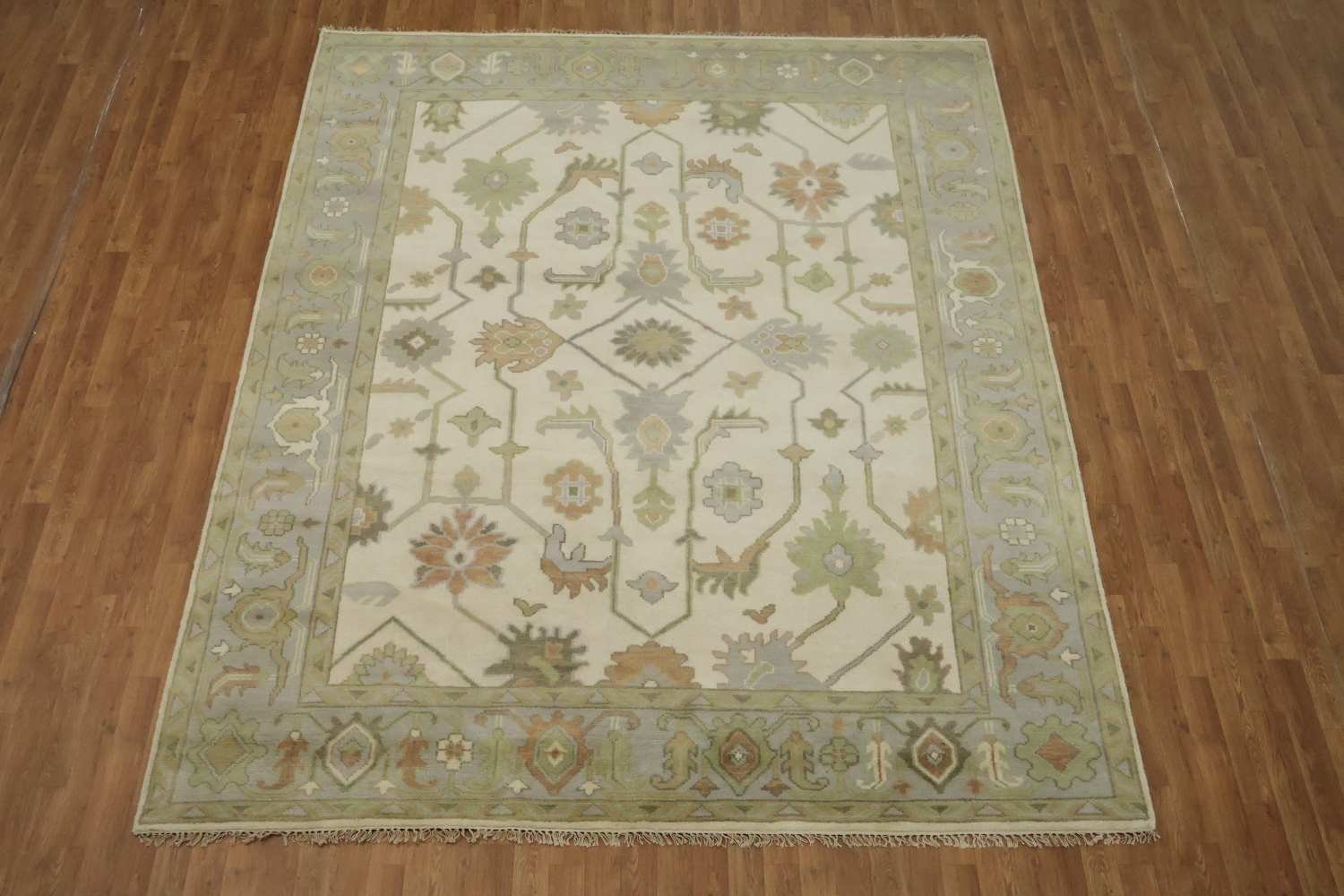 Vintage Inspired Cream Ivory Oushak Area Rug with Soft Green Floral Accents 8' x 10'