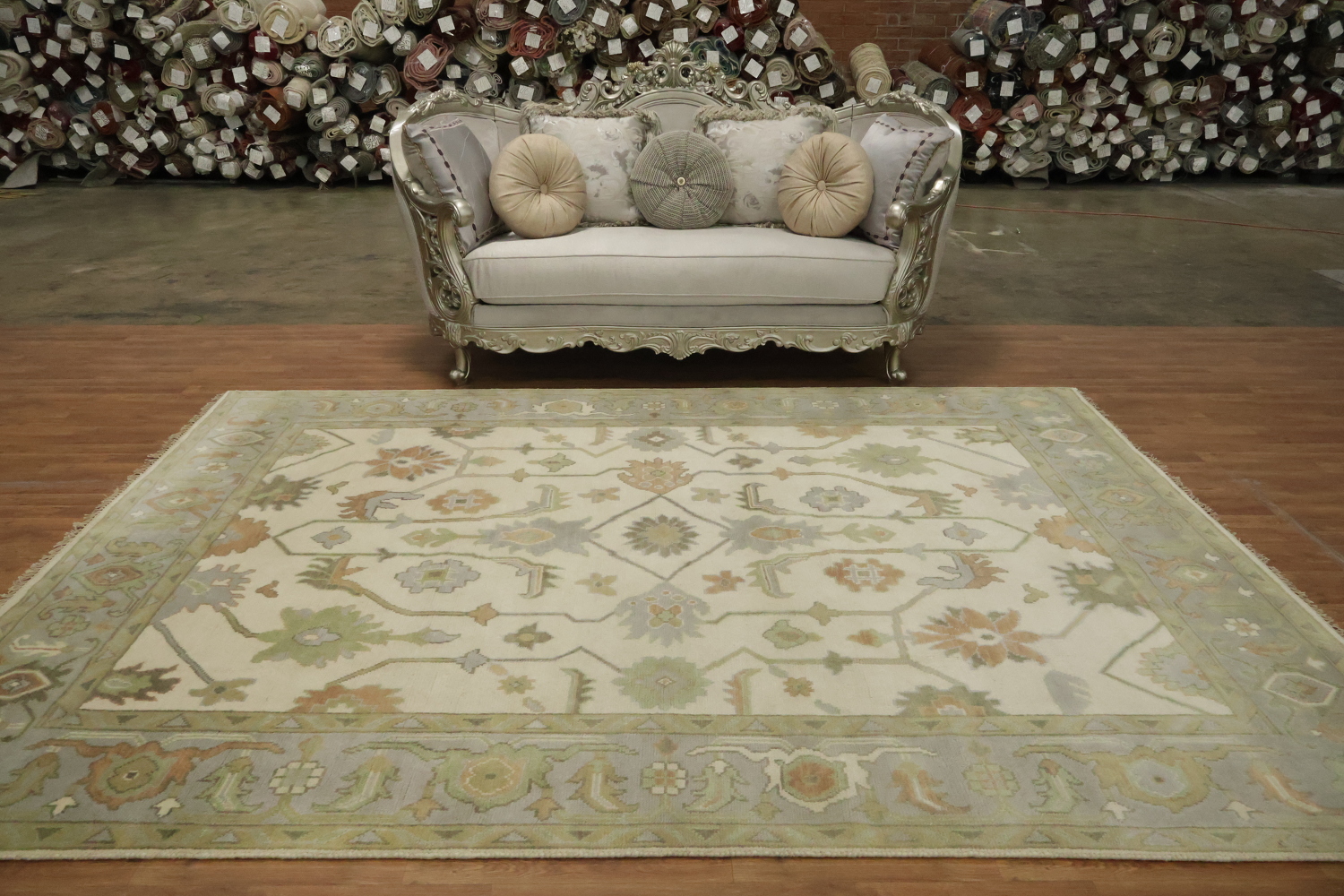 Vintage Inspired Cream Ivory Oushak Area Rug with Soft Green Floral Accents 8' x 10'
