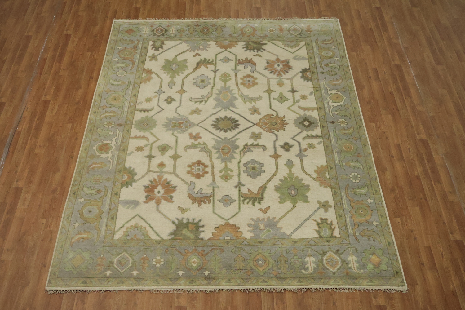 Vintage Inspired Cream Ivory Oushak Area Rug with Soft Green Floral Accents 8' x 10'