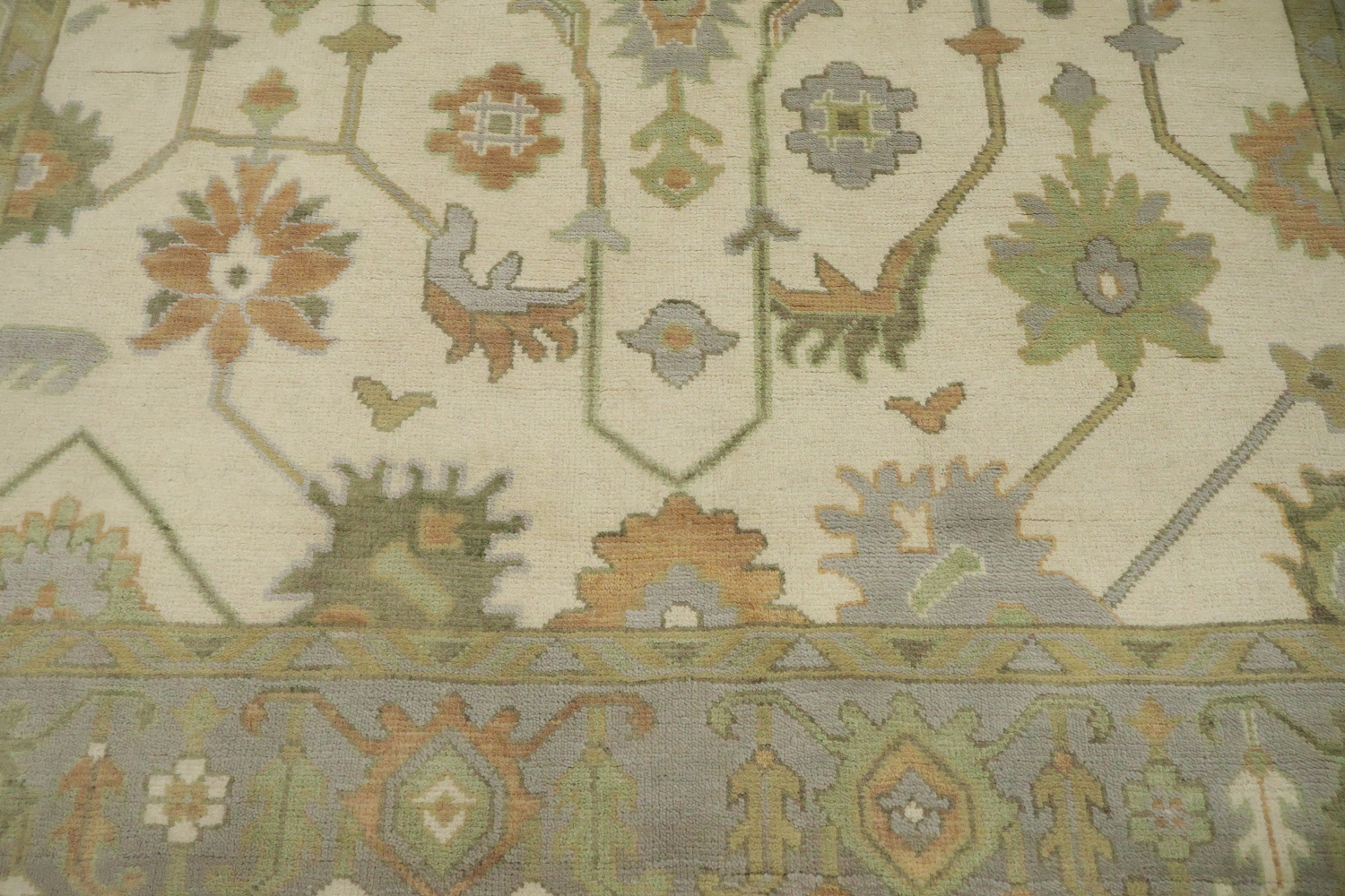 Vintage Inspired Cream Ivory Oushak Area Rug with Soft Green Floral Accents 8' x 10'