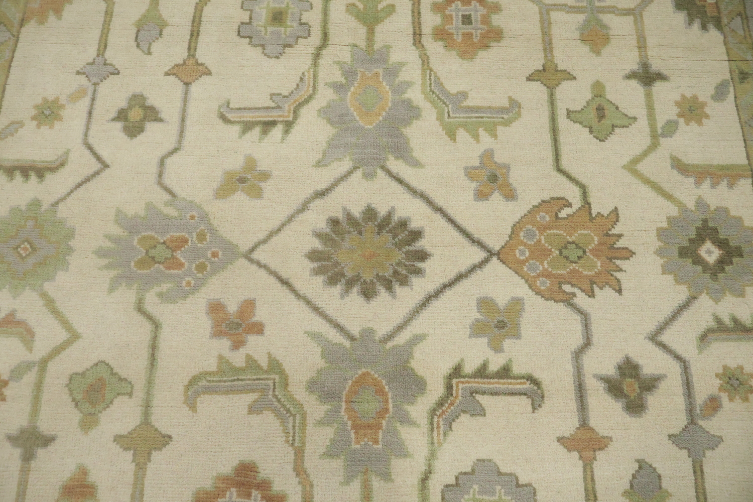 Vintage Inspired Cream Ivory Oushak Area Rug with Soft Green Floral Accents 8' x 10'