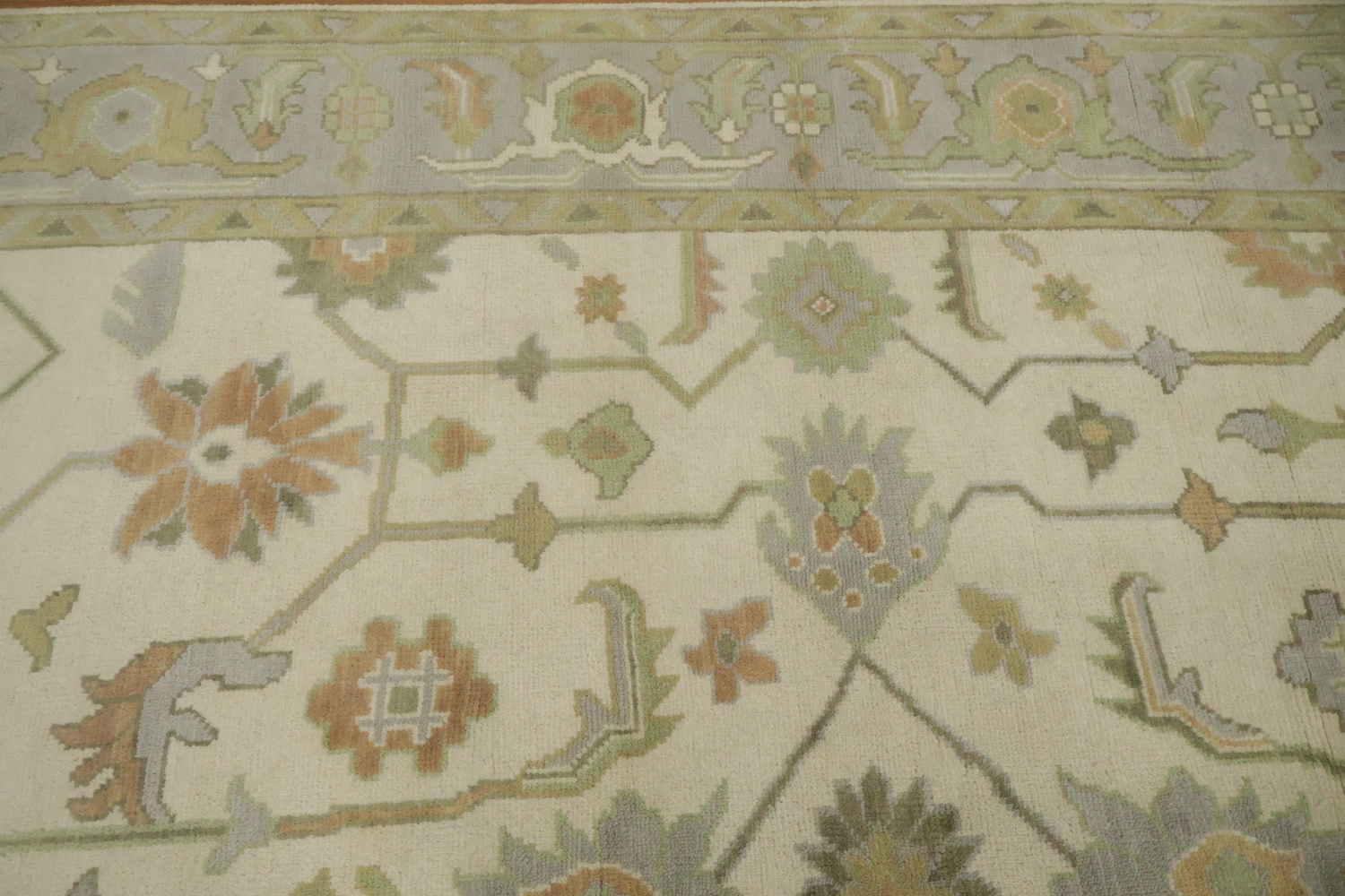 Vintage Inspired Cream Ivory Oushak Area Rug with Soft Green Floral Accents 8' x 10'