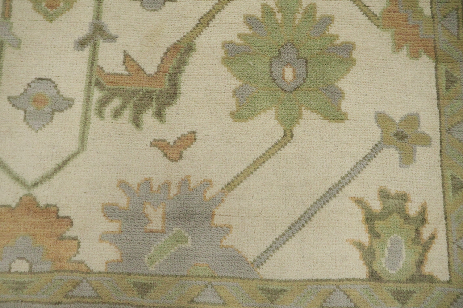 Vintage Inspired Cream Ivory Oushak Area Rug with Soft Green Floral Accents 8' x 10'
