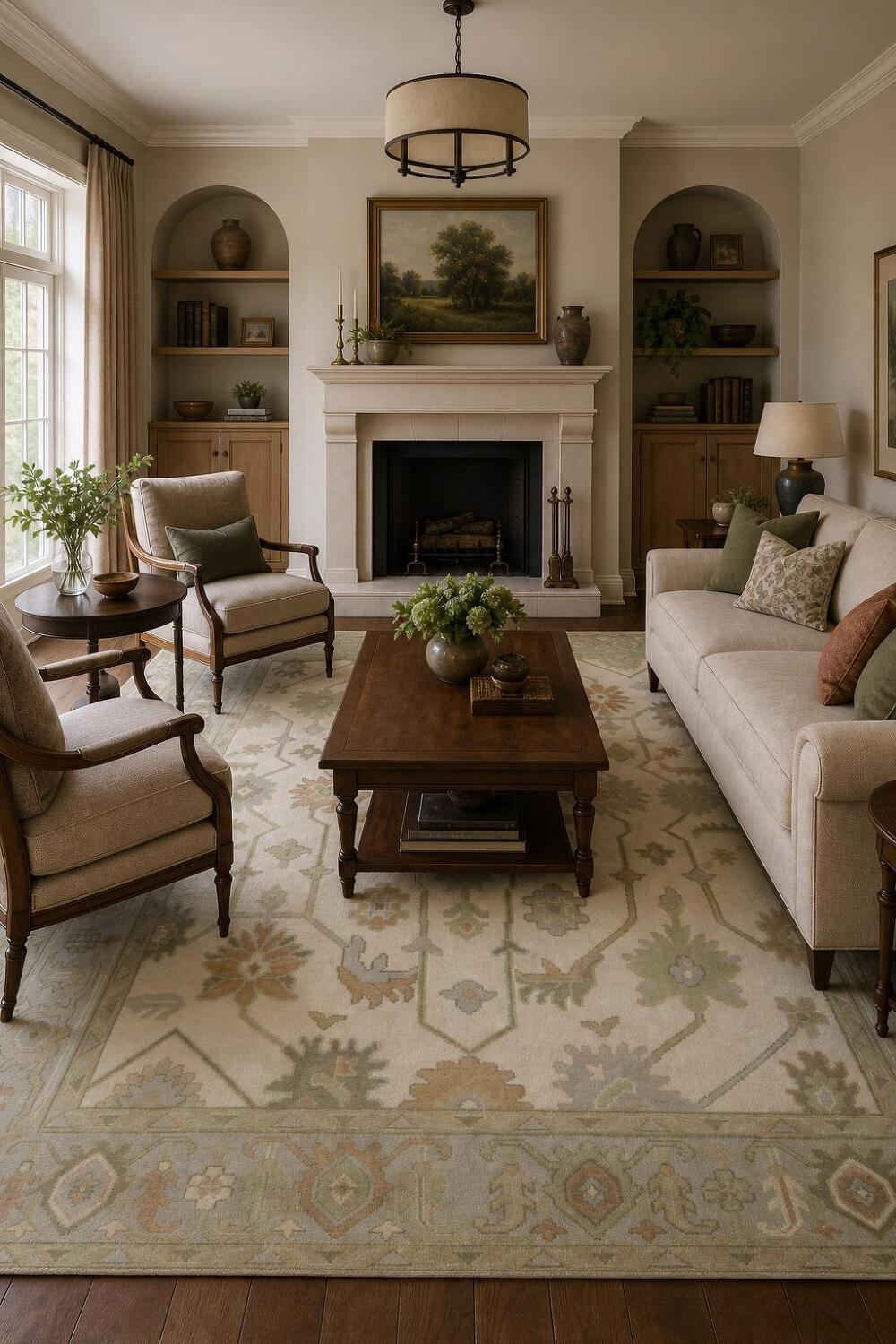 Vintage Inspired Cream Ivory Oushak Area Rug with Soft Green Floral Accents 8' x 10'