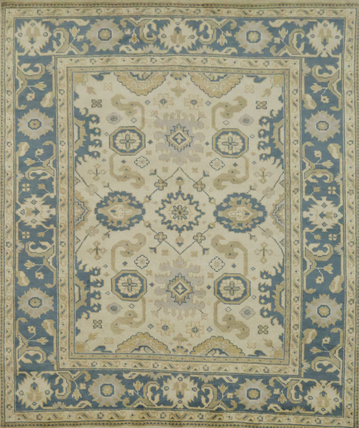 Traditional Blue and Beige Oushak Floral Wool Rug 8' x 10'