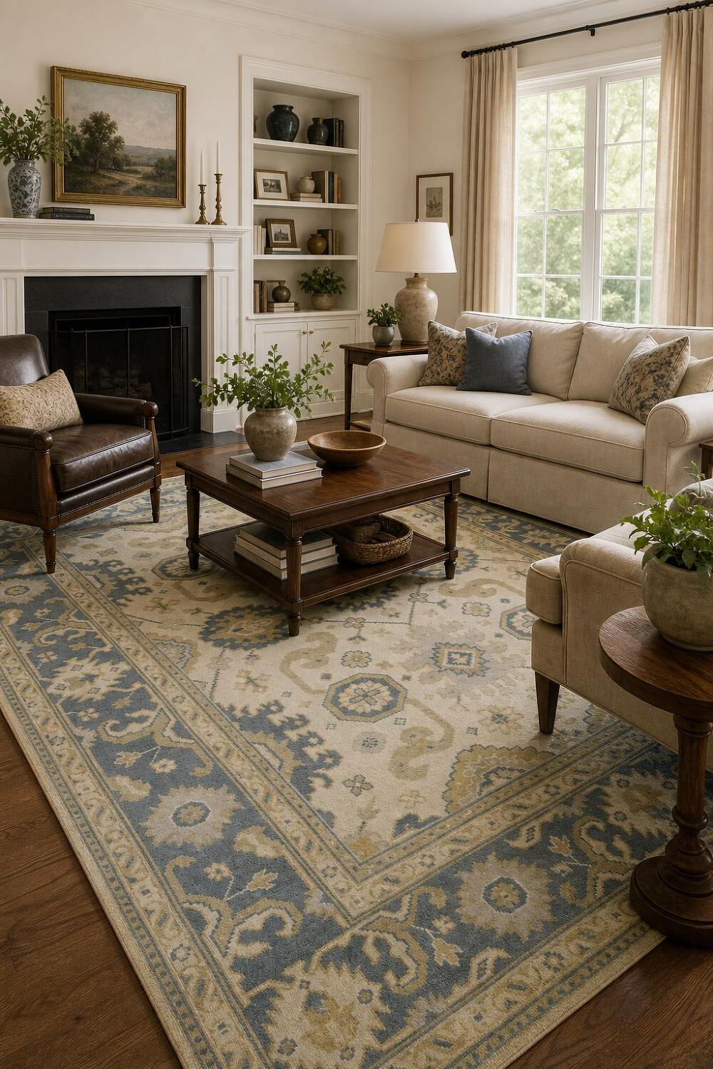 Traditional Blue and Beige Oushak Floral Wool Rug 8' x 10'