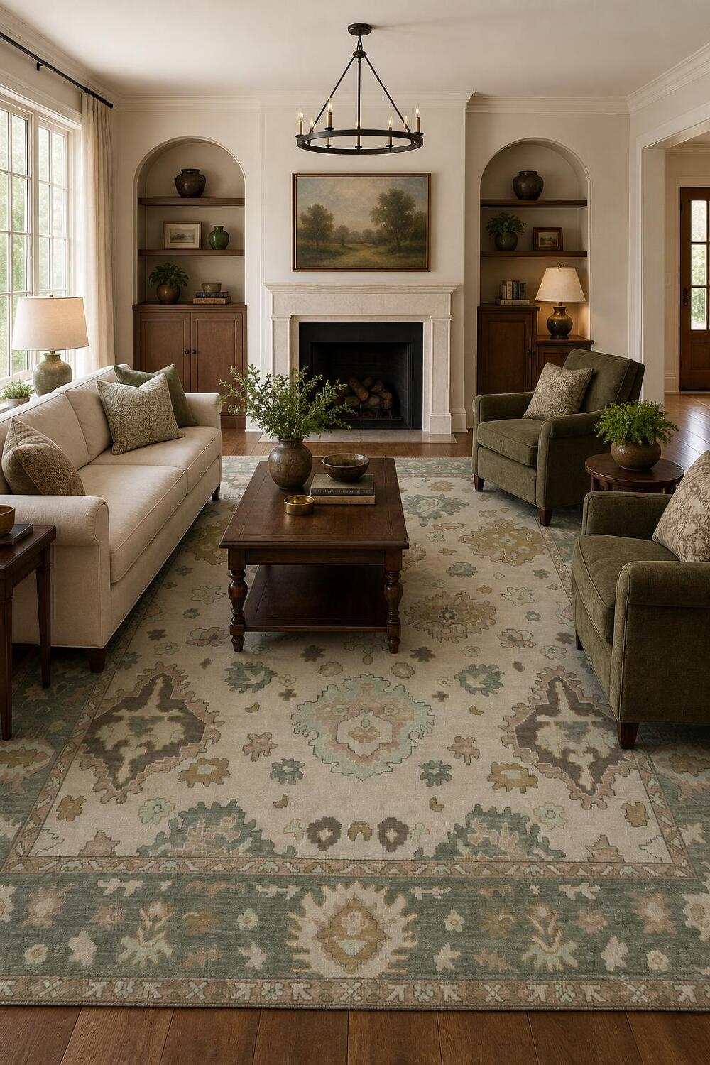 Traditional Ivory and Teal Area Rug with Vintage Charm 9' x 12'