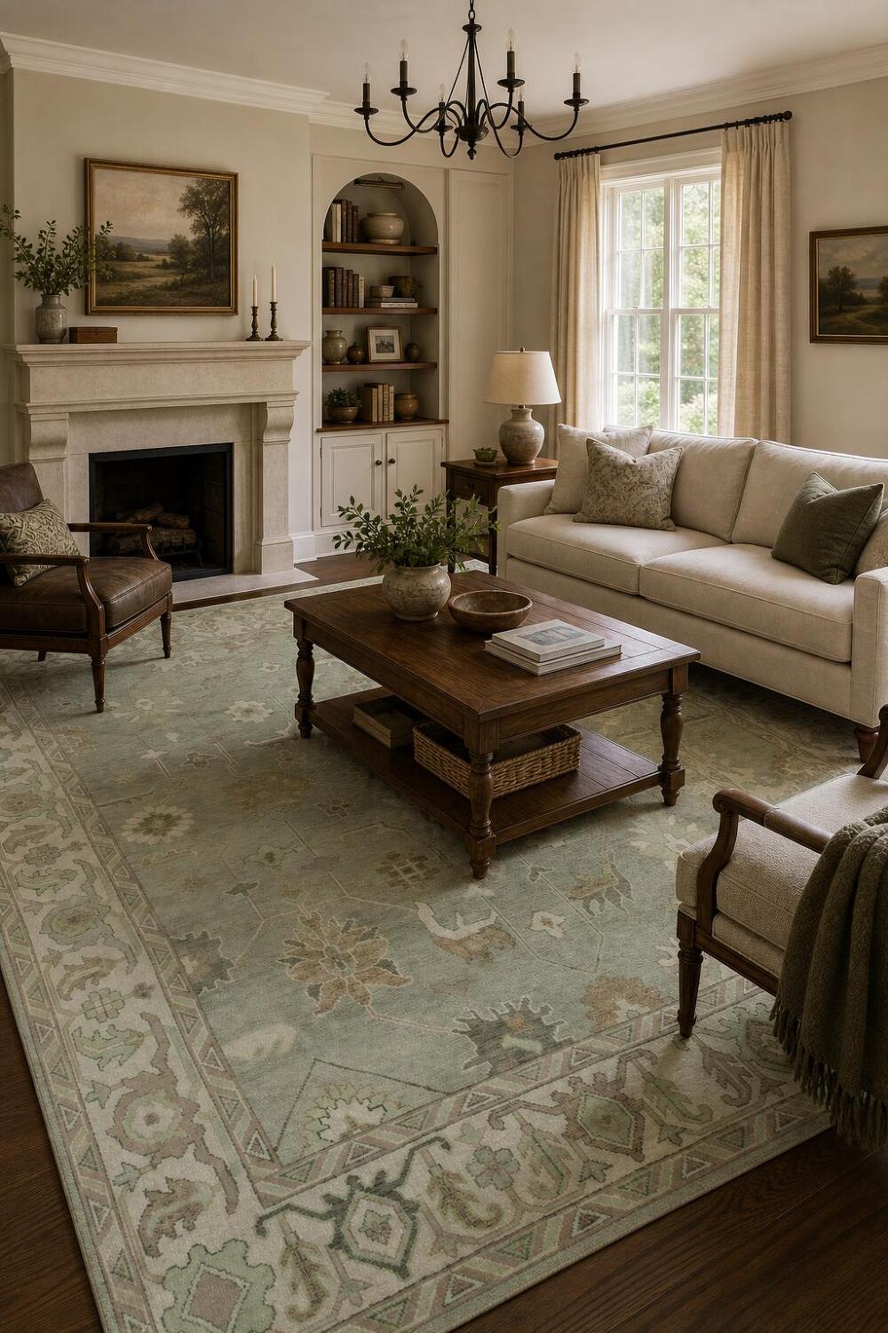 Traditional Green Oushak Wool Living Room Rug 9' x 12'