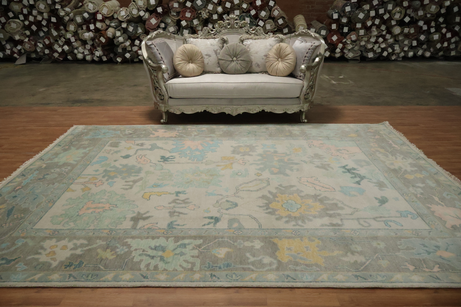 Exquisite Turquoise and Pastel Oushak Hand-made Wool Rug 9' x 12'