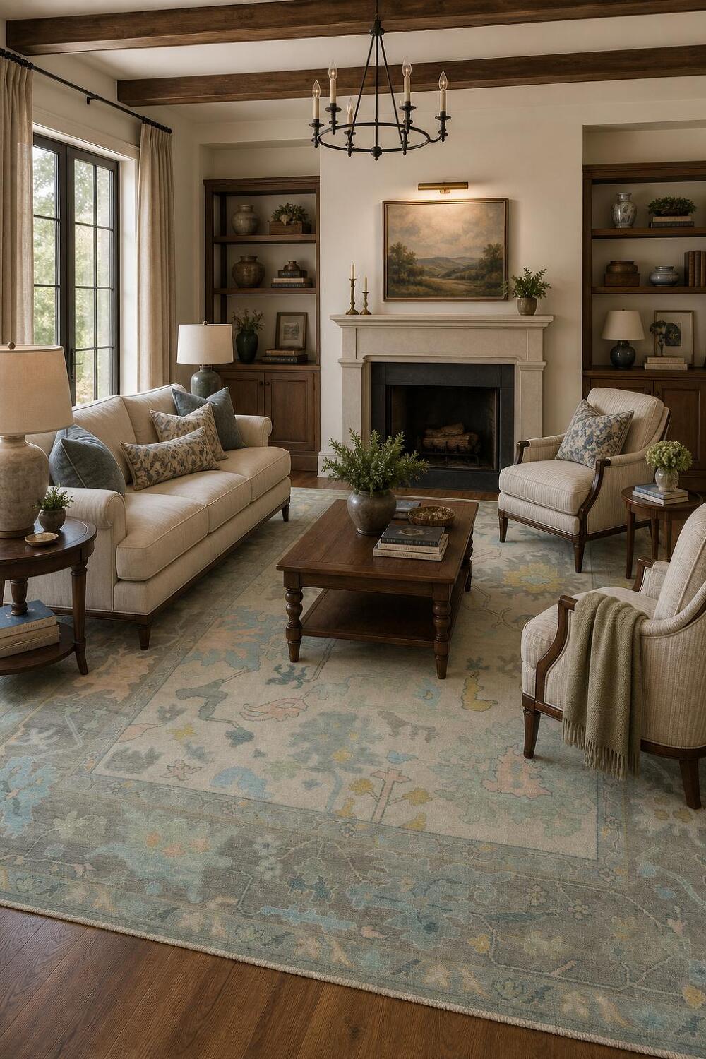 Exquisite Turquoise and Pastel Oushak Hand-made Wool Rug 9' x 12'