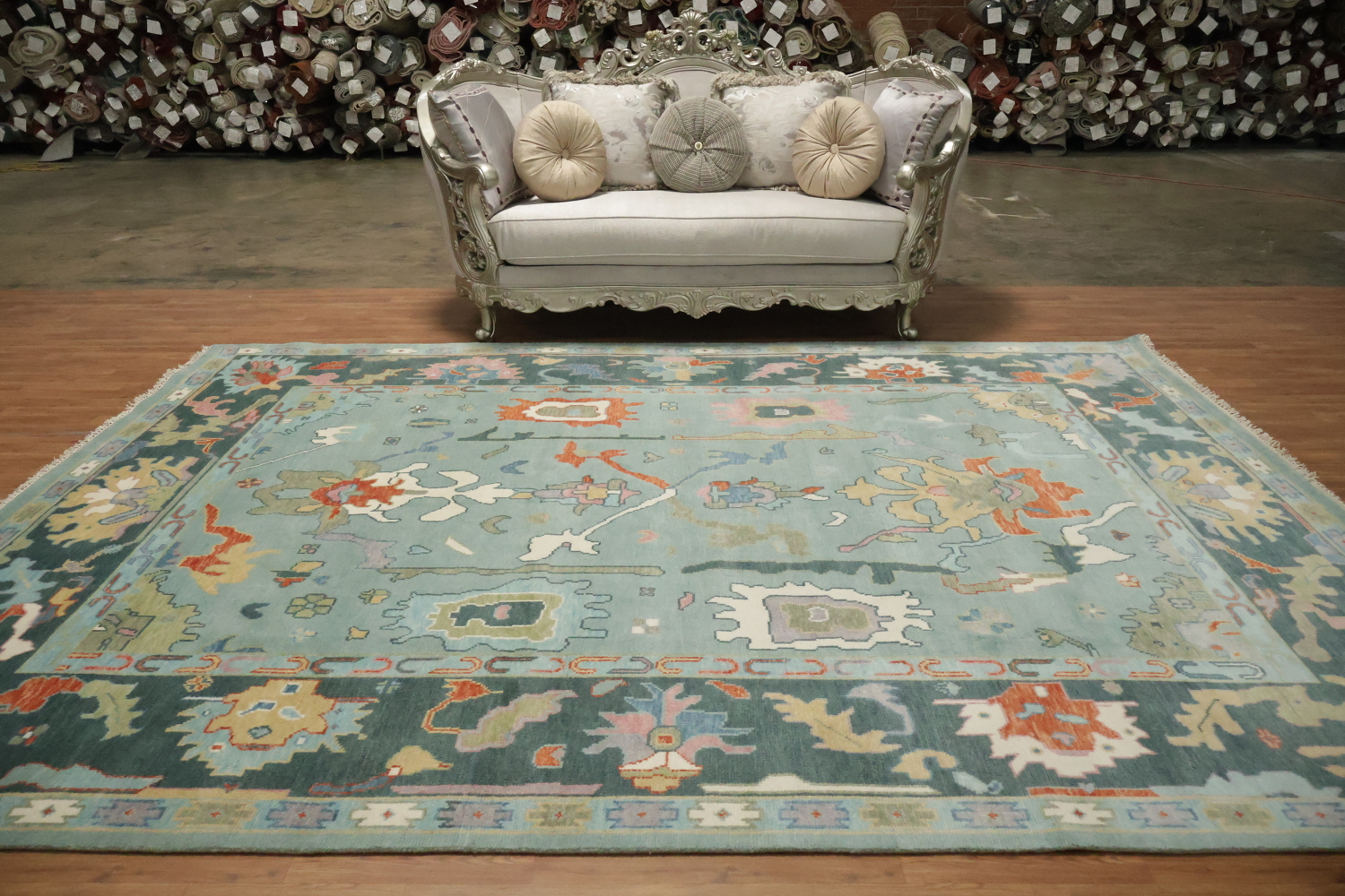 Traditional Teal Blue Oushak Hand Made Wool Area Rug 9x12
