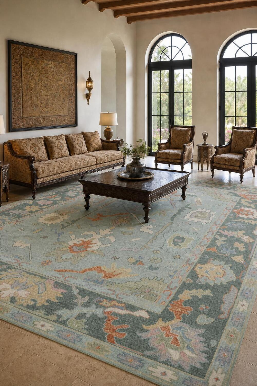 Traditional Teal Blue Oushak Hand Made Wool Area Rug 9x12
