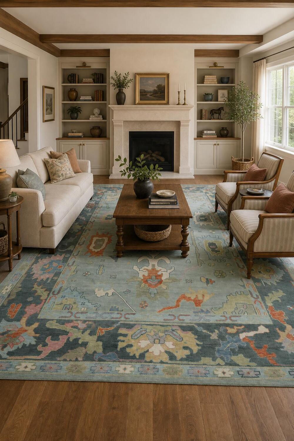 Elegant Blue Oushak Living Room Rug with Abstract Patterns 9' x 12'