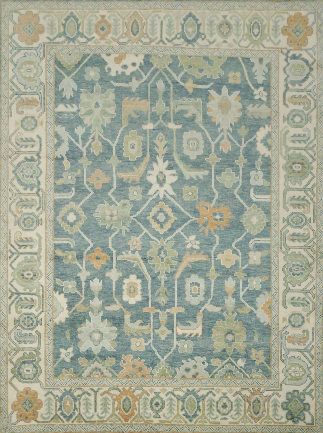Large 9x12 Traditional Oushak Area Rug, Hand-Knotted Wool, Green/Blue/Ivory