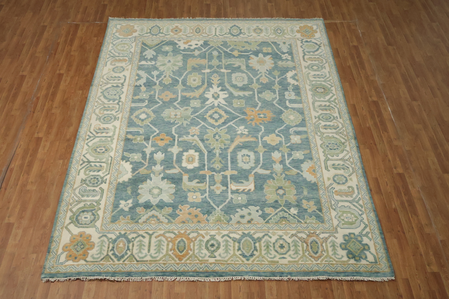 Large 9x12 Traditional Oushak Area Rug, Hand-Knotted Wool, Green/Blue/Ivory