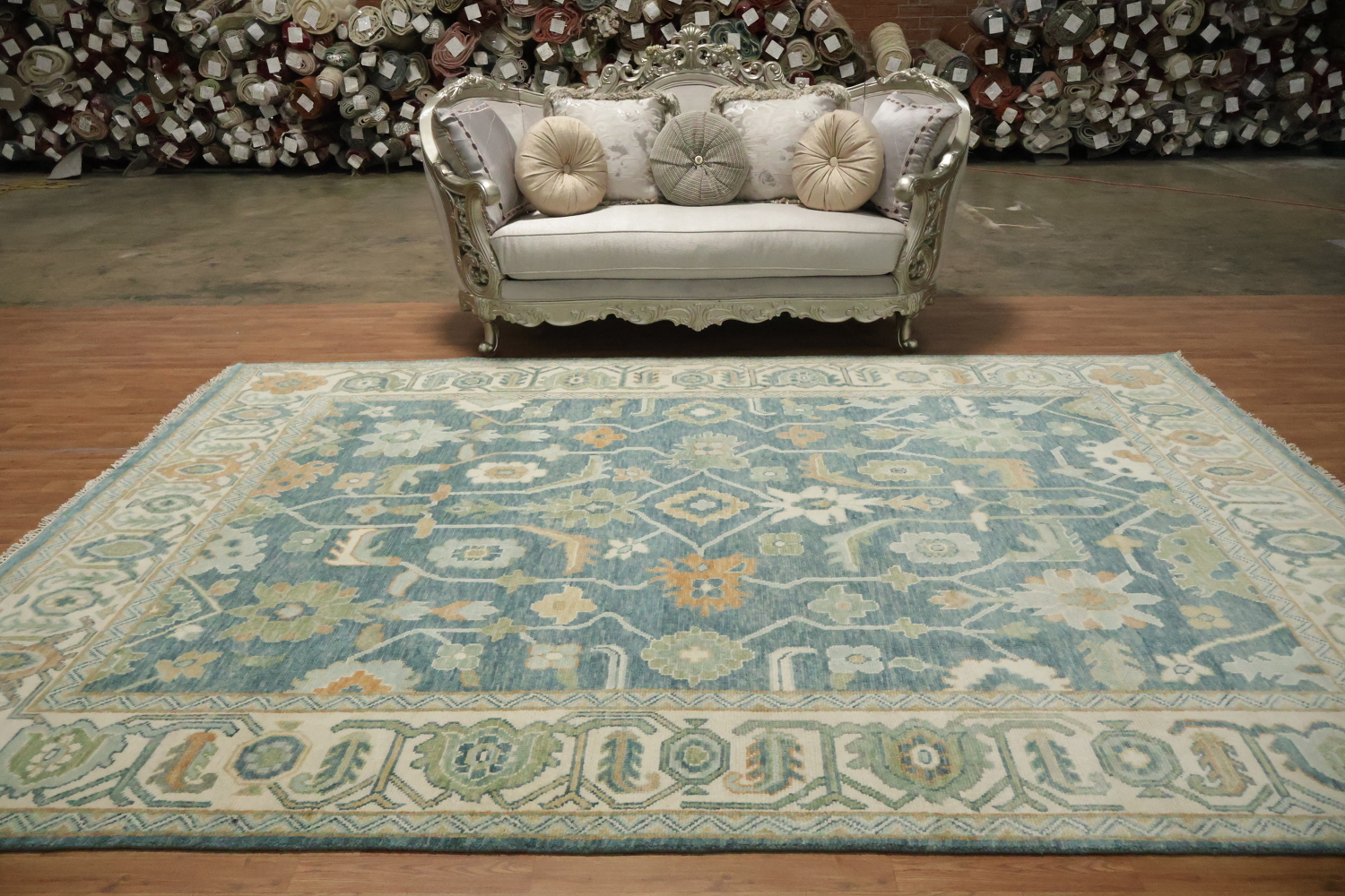 Large 9x12 Traditional Oushak Area Rug, Hand-Knotted Wool, Green/Blue/Ivory